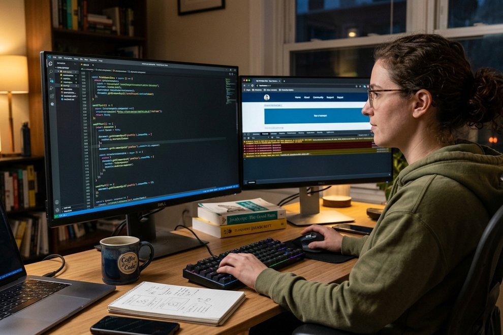 Un développeur travaille sur son site web avec du code JavaScript à l'écran