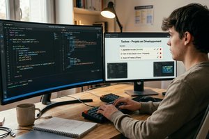 Un écran affichant du code avec des projets en cours de développement