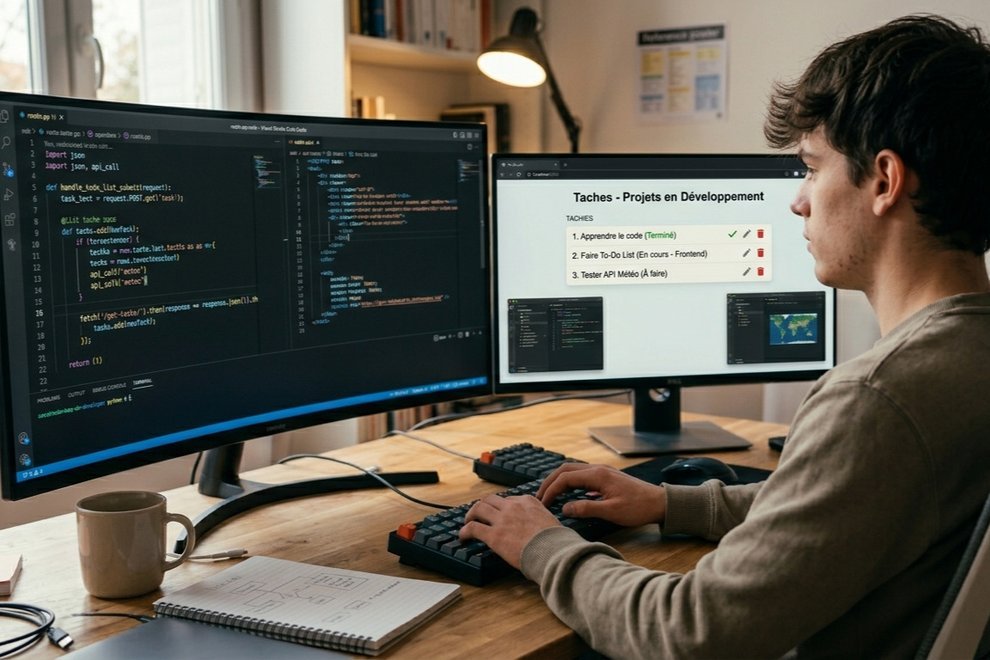 Un écran affichant du code avec des projets en cours de développement