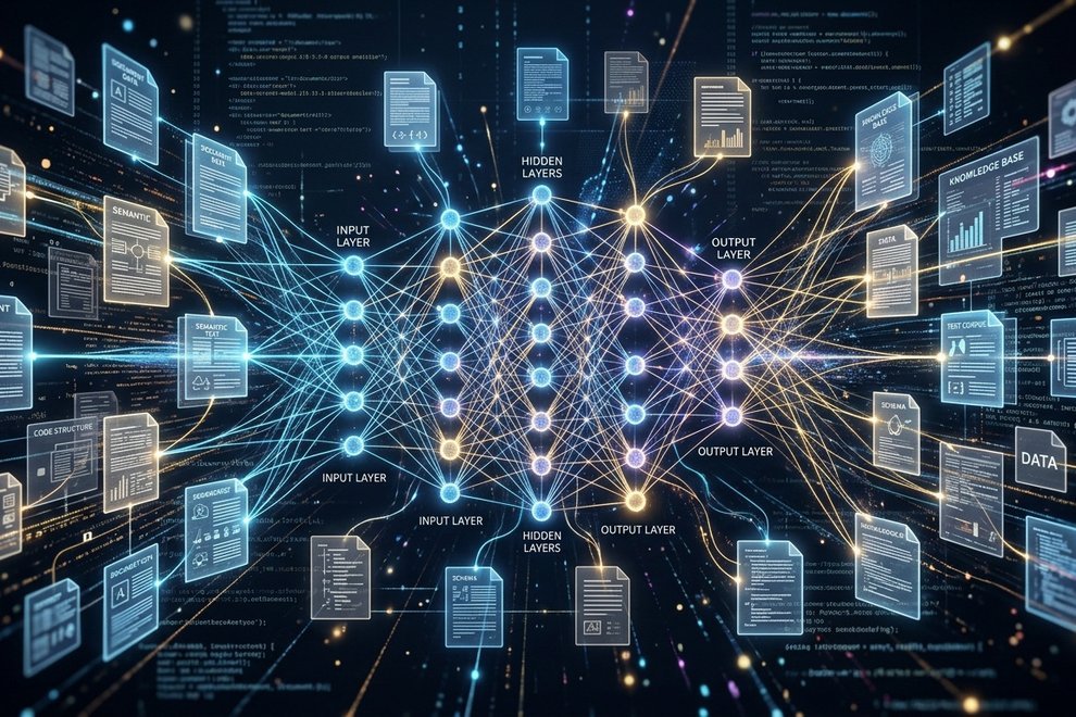 Représentation abstraite de documents reliés à un réseau de neurones.