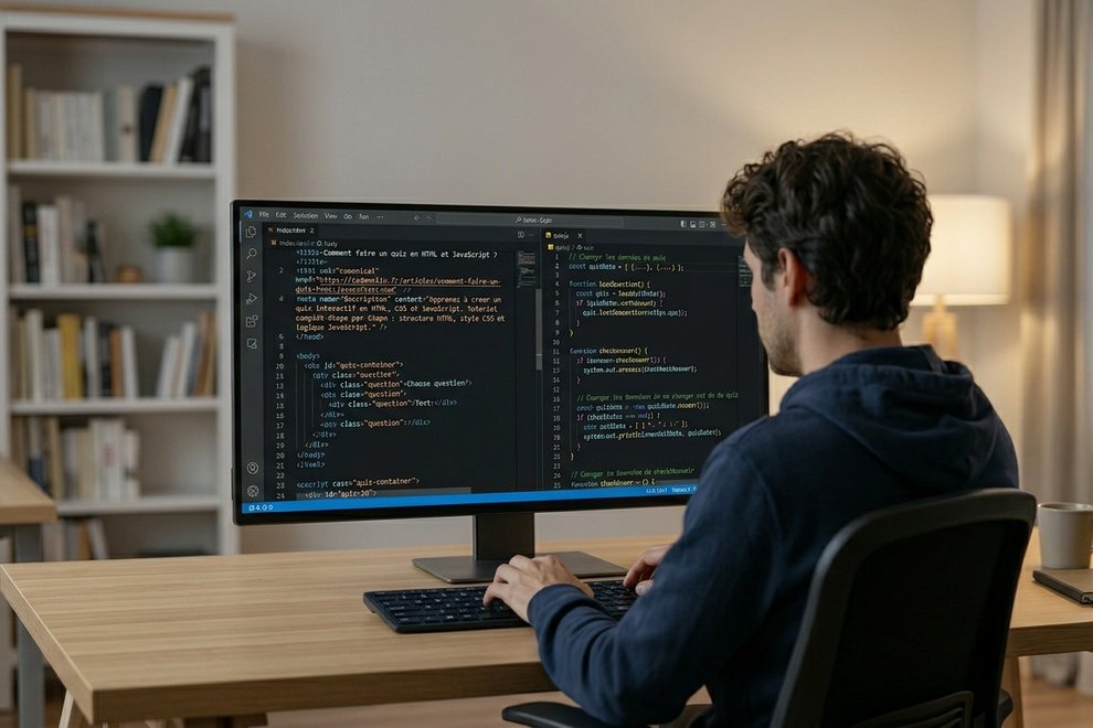 Écran d'ordinateur affichant du code HTML et JavaScript