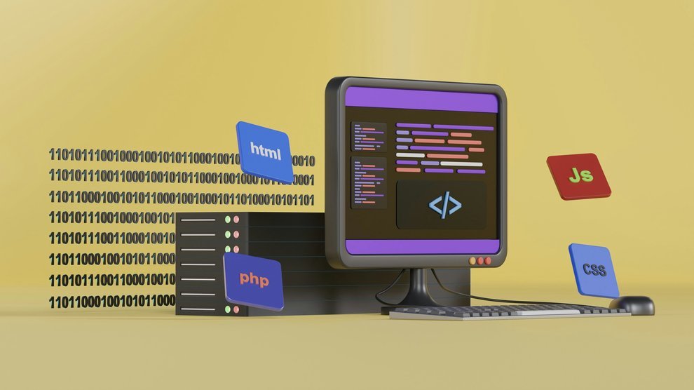 Dessin d'un ordinateur avec des icônes affichant HTML, CSS, PHP et JS