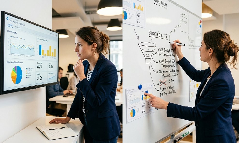 Une personne qui observe un tableau de bord de métriques, puis ajuste sa stratégie sur un tableau blanc.