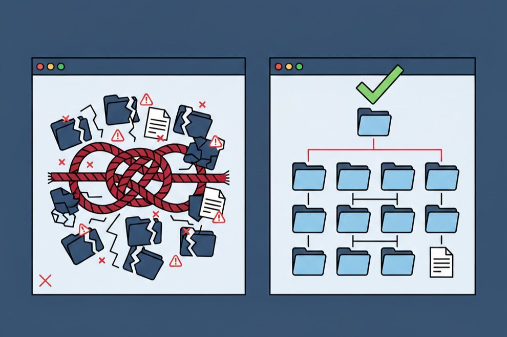 Dessin d'un explorateur de fichiers avec une structure de dossiers bien organisée d'un côté et mal organisé de l'autre