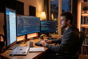 Un développeur seul devant ses écrans de code